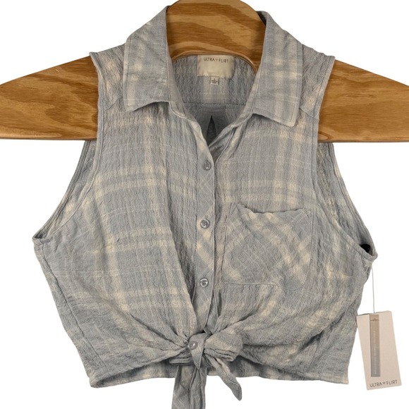 Ultra Flirt Tops - Ultra Flirt L Crop Top Blue Plaid Tie Front Sleeveless Button Up Coastal Cowgirl